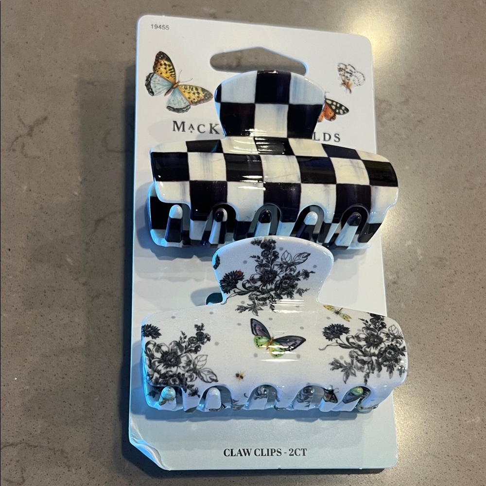 MacKenzie-Childs Black and White Checkered Floral Claw Clips NWT